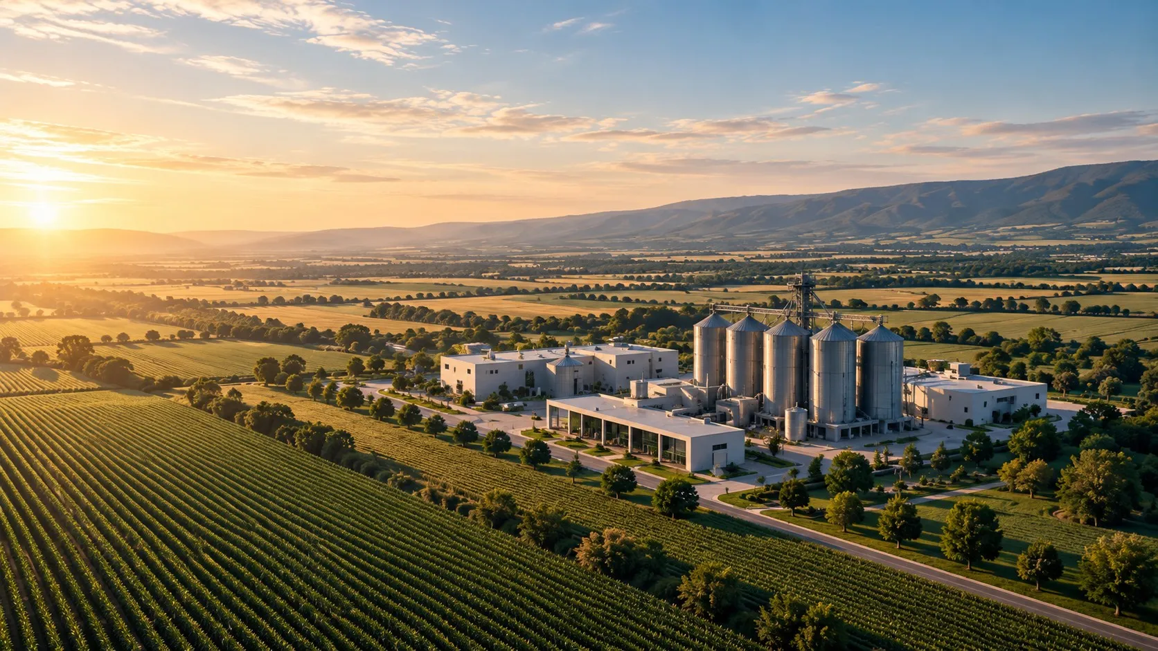 Complex agro-industrial cu silozuri la apus